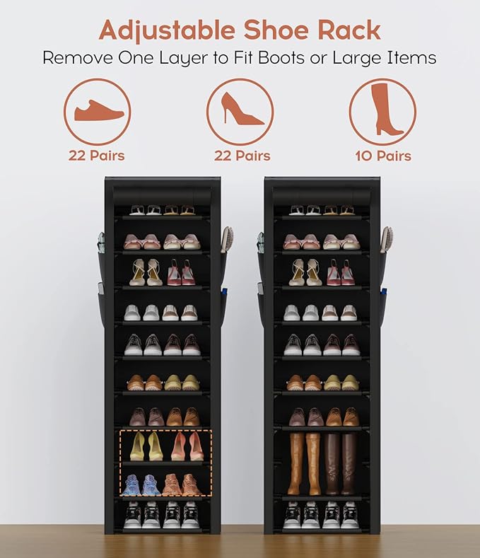 Vertical Narrow Shoe Rack Organizer Tall Shoe Rack for Closet Entryway 10 Tier Non-Woven Cover Shoe Shelf Holds 20-22 Pairs Free Standing Shoe Storage Cabinet with Dustproof Cover, Black
