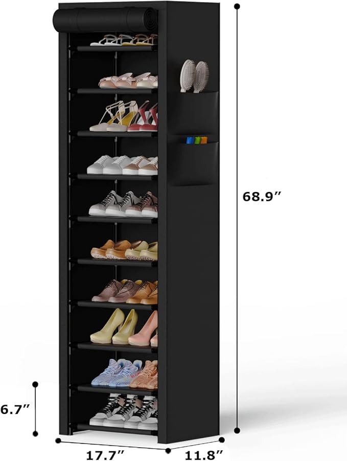 Vertical Narrow Shoe Rack Organizer Tall Shoe Rack for Closet Entryway 10 Tier Non-Woven Cover Shoe Shelf Holds 20-22 Pairs Free Standing Shoe Storage Cabinet with Dustproof Cover, Black