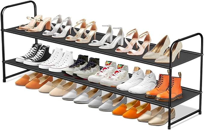 Long 2-Tier Shoe Organizer for Closet, Stackable Wide Shoe Rack Holds 18-Pairs Low Shoe Shelf Storage for Bedroom, Floor, Entryway(Black)