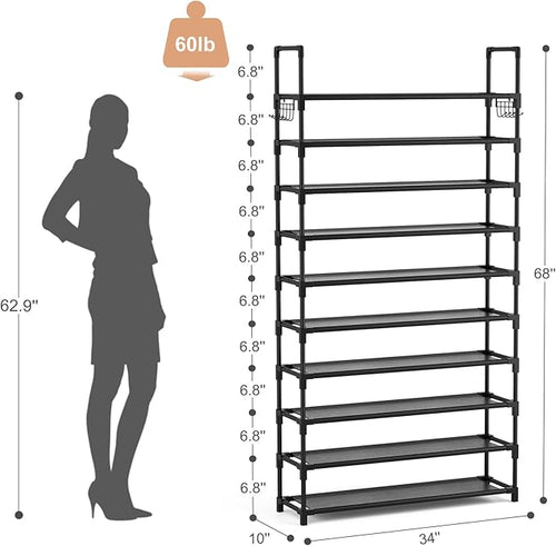 10-Tier Shoe Rack - Large Capacity 50 Pair Organizer with Two Hooks - Sturdy Metal Shoe Shelf for Entryway, Closet, Bedroom