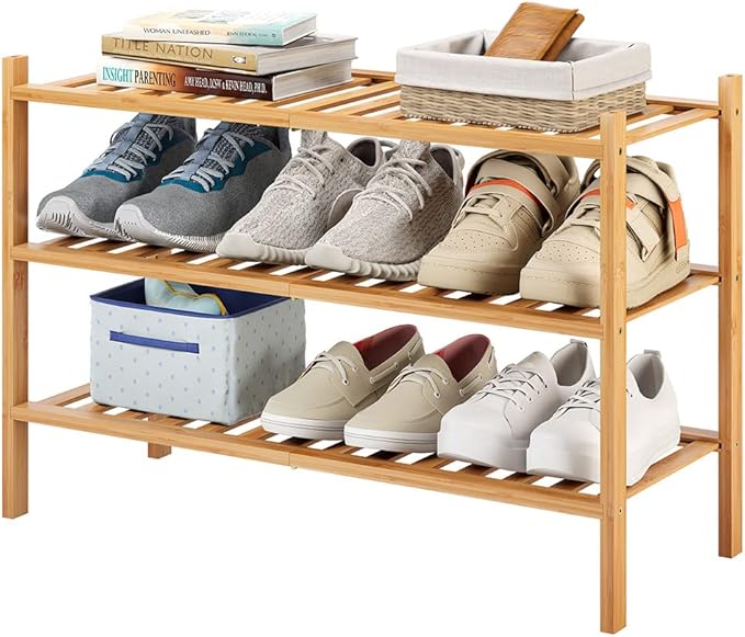 3-Tier Bamboo Shoe Rack for Entryway, Stackable | Heavy Duty | Multi-Function, Free Standing Shoe Racks for Bedroom Hallway Closet