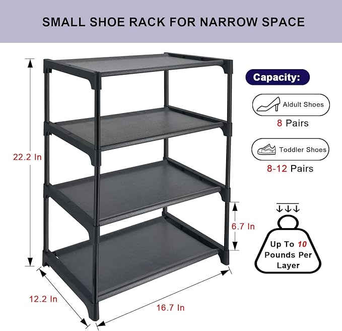 4 Tiers Small Shoe Rack,Narrow Stackable Shoe Shelf Organizer,Sturdy Shoe Stand, Non-Woven Fabric Metal Shoe Racks for Entryway, Doorway and Bedroom Closet