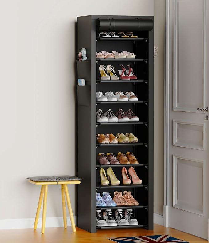 Vertical Narrow Shoe Rack Organizer Tall Shoe Rack for Closet Entryway 10 Tier Non-Woven Cover Shoe Shelf Holds 20-22 Pairs Free Standing Shoe Storage Cabinet with Dustproof Cover, Black