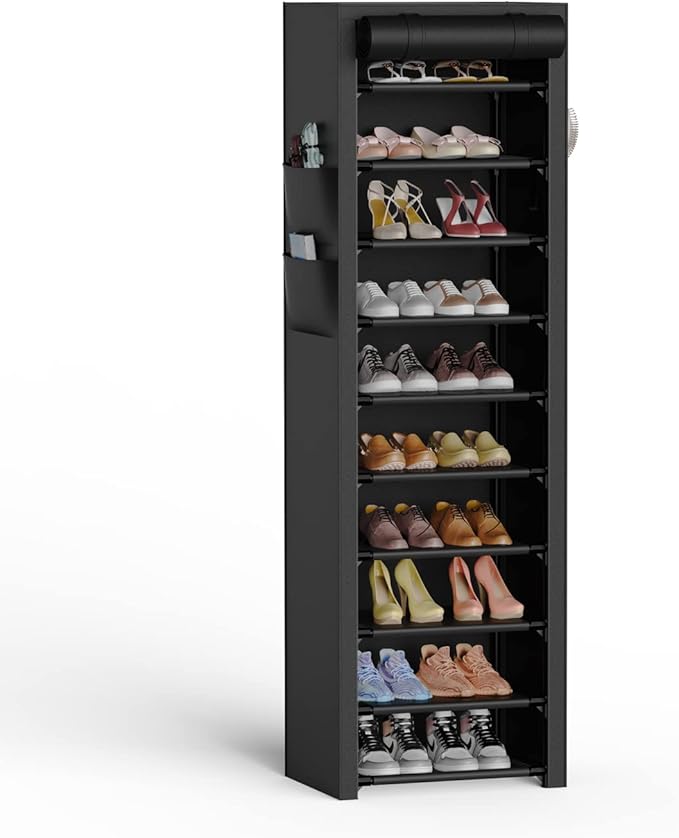 Vertical Narrow Shoe Rack Organizer Tall Shoe Rack for Closet Entryway 10 Tier Non-Woven Cover Shoe Shelf Holds 20-22 Pairs Free Standing Shoe Storage Cabinet with Dustproof Cover, Black