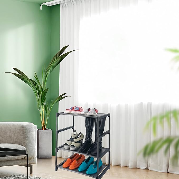 4 Tiers Small Shoe Rack,Narrow Stackable Shoe Shelf Organizer,Sturdy Shoe Stand, Non-Woven Fabric Metal Shoe Racks for Entryway, Doorway and Bedroom Closet