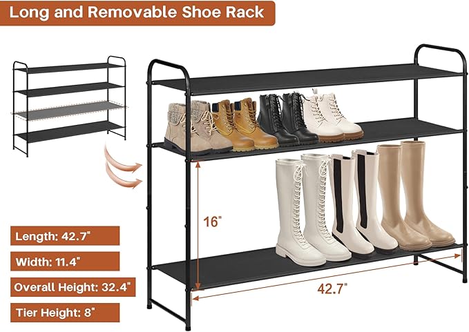 4 Tier Long Shoe Rack for Closet Floor, Wide Shoe Shelf Storage Organizer 30-Pairs Stackable Sneaker Organizer for Closet, Bedroom (Black)