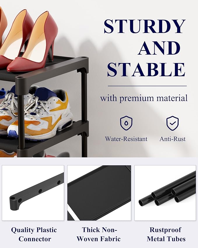 Rack - Non-Woven Shoe Rack Shelf, Shoe Organizer for Closet, Entryway, Garage & Corridor, Stackable Shoe Shelves, Medium, Black