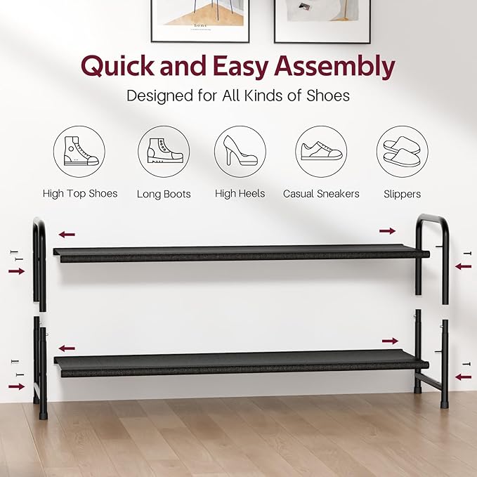 Long 2-Tier Shoe Organizer for Closet, Stackable Wide Shoe Rack Holds 18-Pairs Low Shoe Shelf Storage for Bedroom, Floor, Entryway(Black)