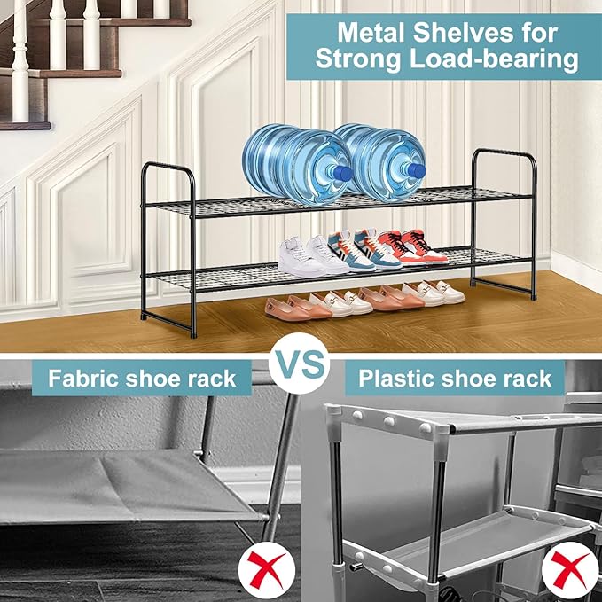 Long 2 Tier Shoe Rack for Closet Metal Wide Stackable Shoe Storage Organizer for Entryway, Bedroom, Floor, 18-Pairs Low Shoe Shelf, Black