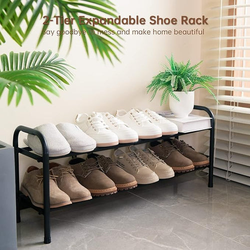 2-Tier Expandable Shoe Rack,Adjustable Shoe Shelf Storage Organizer Heavy Duty Metal Free Standing Shoe Rack for Entryway Closet Doorway (Black)