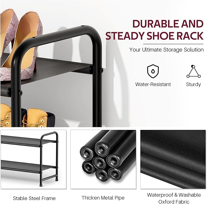 Long 2-Tier Shoe Organizer for Closet, Stackable Wide Shoe Rack Holds 18-Pairs Low Shoe Shelf Storage for Bedroom, Floor, Entryway(Black)