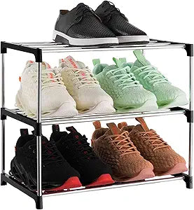 3-Tier Stackable Small Shoe Rack, Lightweight Shoe Shelf Storage Organizer for Entryway, Hallway and Closet(Black)