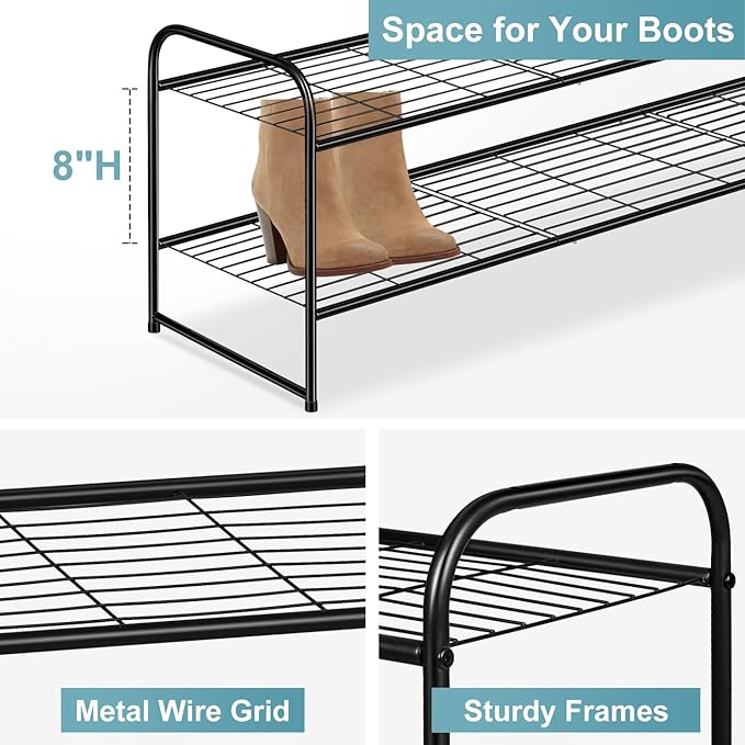 Long 2 Tier Shoe Rack for Closet Metal Wide Stackable Shoe Storage Organizer for Entryway, Bedroom, Floor, 18-Pairs Low Shoe Shelf, Black