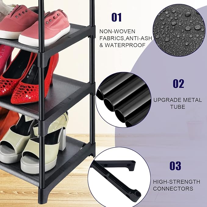 4 Tiers Small Shoe Rack,Narrow Stackable Shoe Shelf Organizer,Sturdy Shoe Stand, Non-Woven Fabric Metal Shoe Racks for Entryway, Doorway and Bedroom Closet