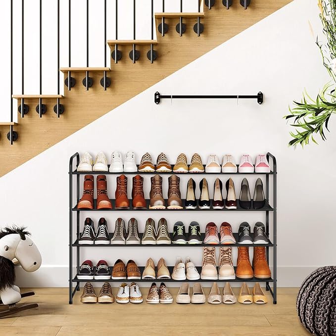 4 Tier Long Shoe Rack for Closet Floor, Wide Shoe Shelf Storage Organizer 30-Pairs Stackable Sneaker Organizer for Closet, Bedroom (Black)