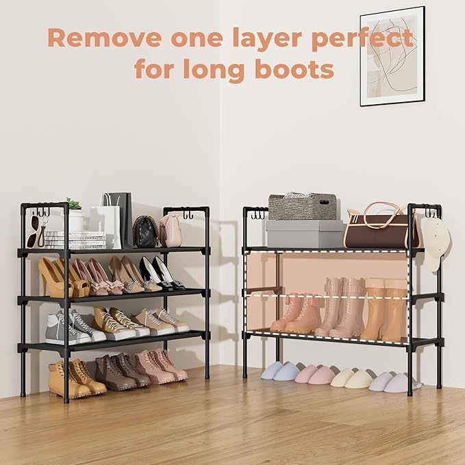 3 Tier Shoe Rack for Closet, Shoe Organizer with 5 Hooks, Long Shoe Shelf Storage for Sneaker and Boot Stackable Free Standing Shoe Rack for Entryway, Garage, Small Spaces, Dorm