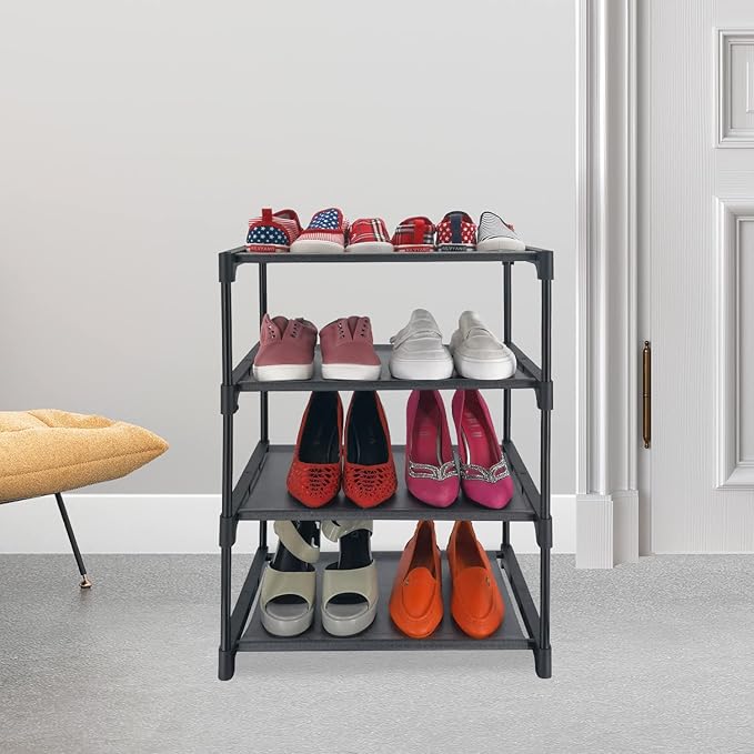 4 Tiers Small Shoe Rack,Narrow Stackable Shoe Shelf Organizer,Sturdy Shoe Stand, Non-Woven Fabric Metal Shoe Racks for Entryway, Doorway and Bedroom Closet