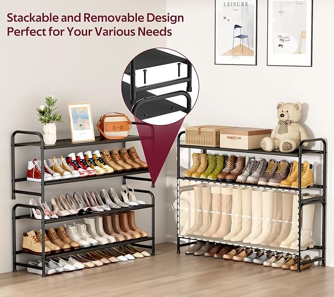 Long 2-Tier Shoe Organizer for Closet, Stackable Wide Shoe Rack Holds 18-Pairs Low Shoe Shelf Storage for Bedroom, Floor, Entryway(Black)