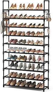 10-Tier Shoe Rack - Large Capacity 50 Pair Organizer with Two Hooks - Sturdy Metal Shoe Shelf for Entryway, Closet, Bedroom