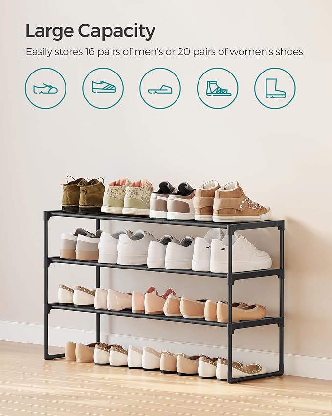 Shoe Rack, 3-Tier Shoe Organizer, Metal Storage Shelf, Upright or Upside Down, for 16-20 Pairs, Stackable, for Entryway, 11.8 x 36.2 x 21.7 Inches, Black