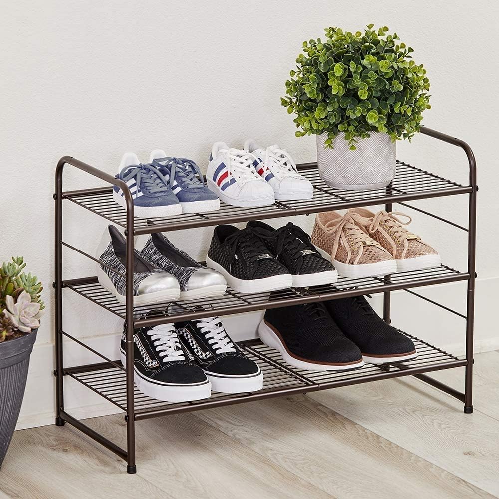 Stackable and Expandable Shoe Rack, 3 Shelves Metal Wire Utility Rack, Bronze