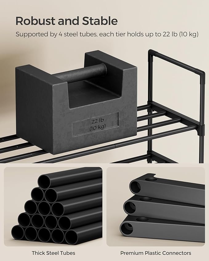Shoe Rack, 3-Tier Shoe Organizer, Metal Storage Shelf, Upright or Upside Down, for 16-20 Pairs, Stackable, for Entryway, 11.8 x 36.2 x 21.7 Inches, Black