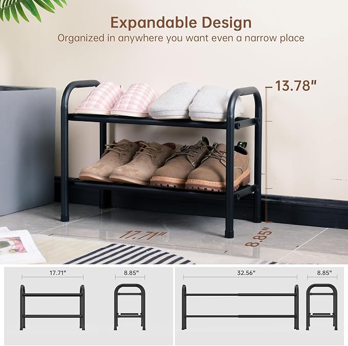 2-Tier Expandable Shoe Rack,Adjustable Shoe Shelf Storage Organizer Heavy Duty Metal Free Standing Shoe Rack for Entryway Closet Doorway (Black)