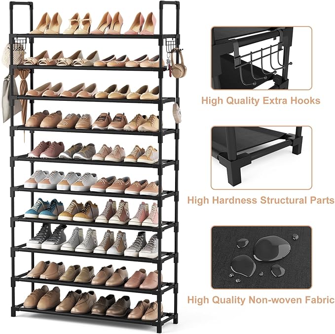 10-Tier Shoe Rack - Large Capacity 50 Pair Organizer with Two Hooks - Sturdy Metal Shoe Shelf for Entryway, Closet, Bedroom