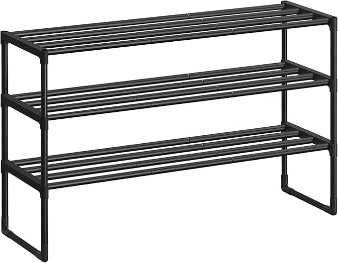 Shoe Rack, 3-Tier Shoe Organizer, Metal Storage Shelf, Upright or Upside Down, for 16-20 Pairs, Stackable, for Entryway, 11.8 x 36.2 x 21.7 Inches, Black