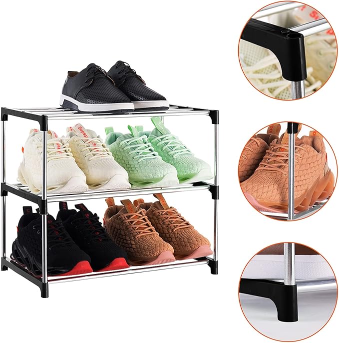 3-Tier Stackable Small Shoe Rack, Lightweight Shoe Shelf Storage Organizer for Entryway, Hallway and Closet(Black)