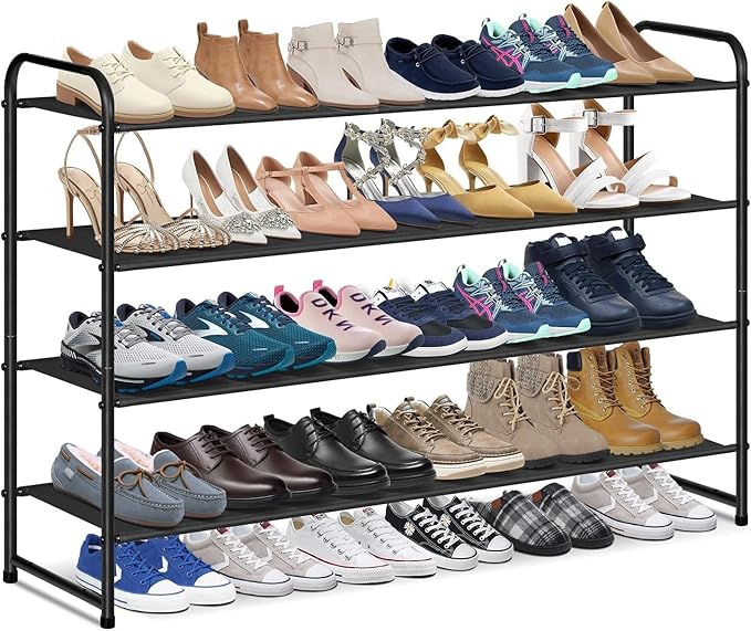 4 Tier Long Shoe Rack for Closet Floor, Wide Shoe Shelf Storage Organizer 30-Pairs Stackable Sneaker Organizer for Closet, Bedroom (Black)