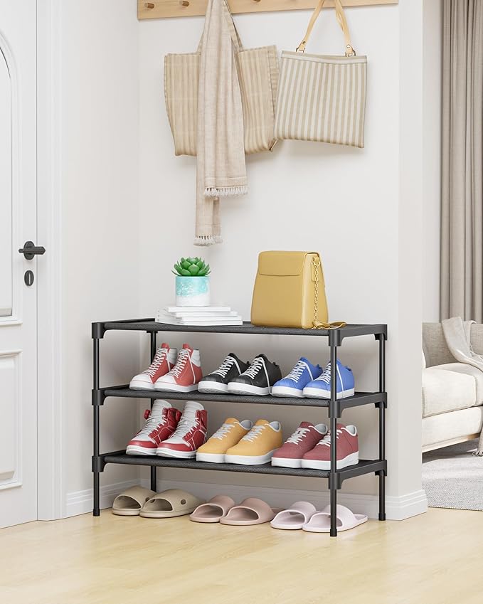 Rack - Non-Woven Shoe Rack Shelf, Shoe Organizer for Closet, Entryway, Garage & Corridor, Stackable Shoe Shelves, Medium, Black
