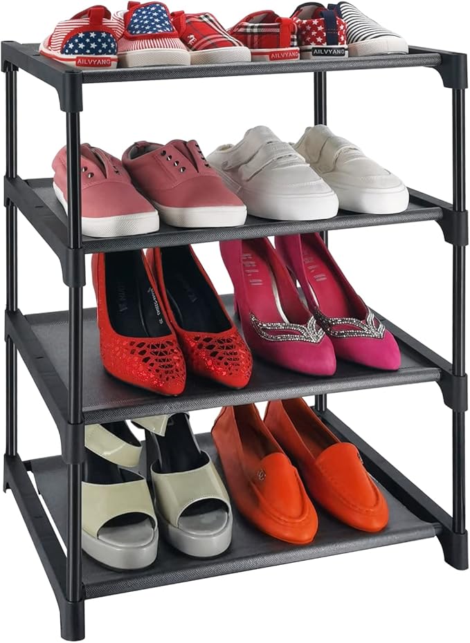 4 Tiers Small Shoe Rack,Narrow Stackable Shoe Shelf Organizer,Sturdy Shoe Stand, Non-Woven Fabric Metal Shoe Racks for Entryway, Doorway and Bedroom Closet