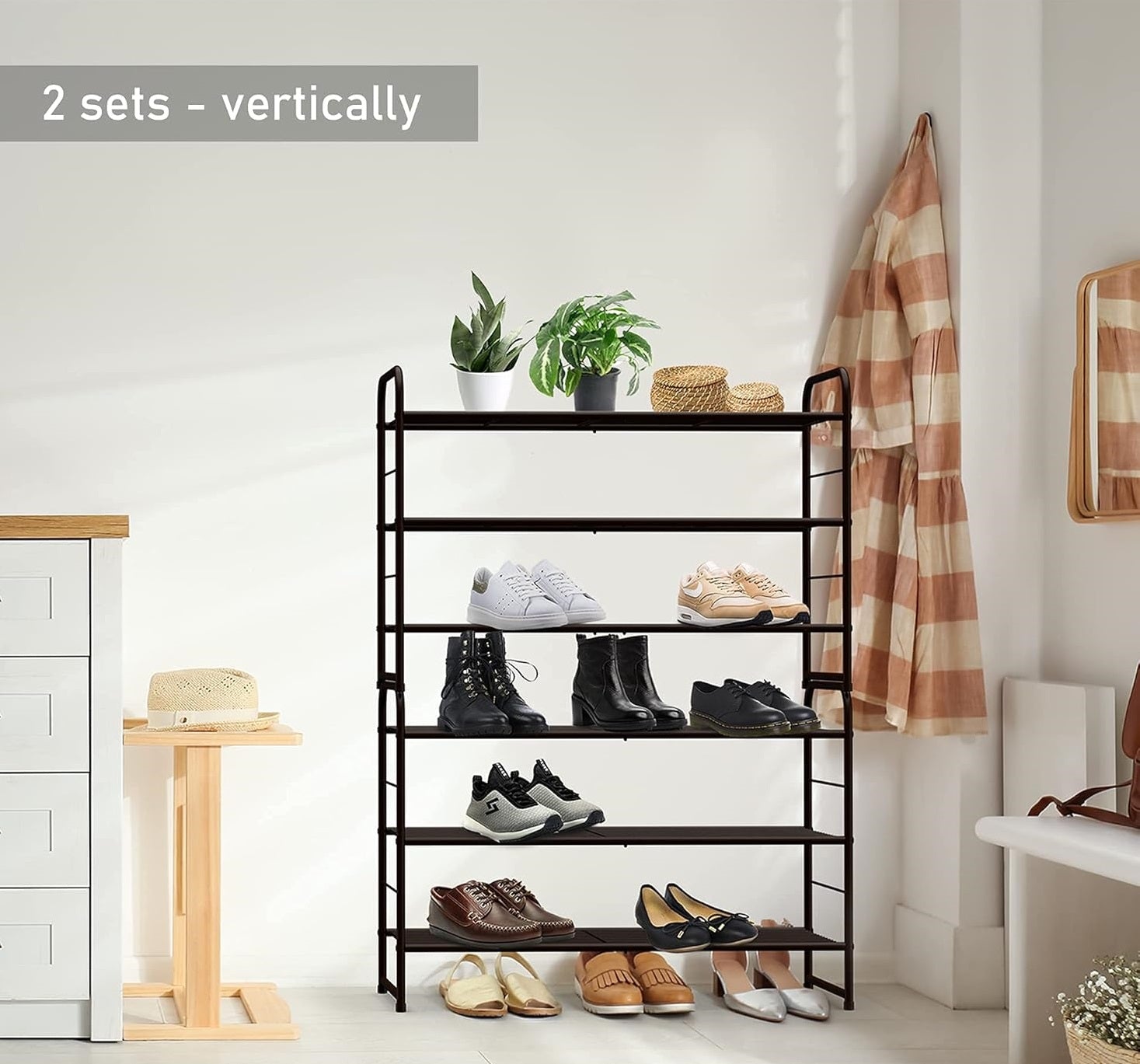 Stackable and Expandable Shoe Rack, 3 Shelves Metal Wire Utility Rack, Bronze