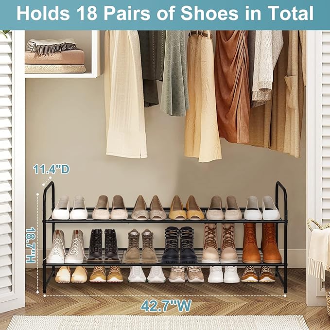 Long 2 Tier Shoe Rack for Closet Metal Wide Stackable Shoe Storage Organizer for Entryway, Bedroom, Floor, 18-Pairs Low Shoe Shelf, Black