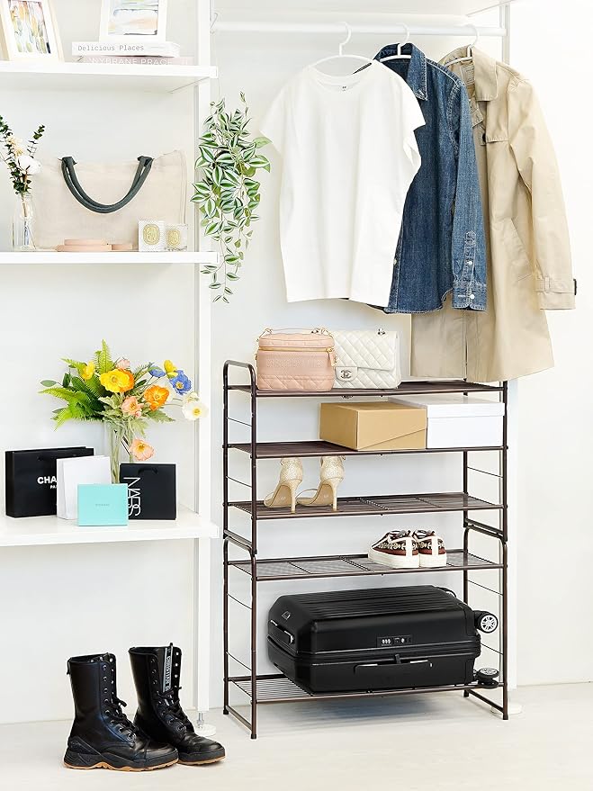 Stackable and Expandable Shoe Rack, 3 Shelves Metal Wire Utility Rack, Bronze