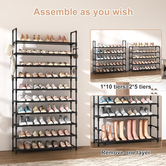 10-Tier Shoe Rack - Large Capacity 50 Pair Organizer with Two Hooks - Sturdy Metal Shoe Shelf for Entryway, Closet, Bedroom
