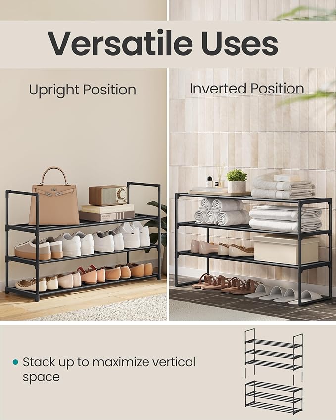 Shoe Rack, 3-Tier Shoe Organizer, Metal Storage Shelf, Upright or Upside Down, for 16-20 Pairs, Stackable, for Entryway, 11.8 x 36.2 x 21.7 Inches, Black
