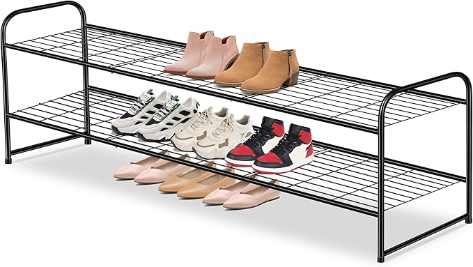 Long 2 Tier Shoe Rack for Closet Metal Wide Stackable Shoe Storage Organizer for Entryway, Bedroom, Floor, 18-Pairs Low Shoe Shelf, Black