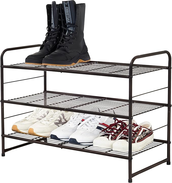 Stackable and Expandable Shoe Rack, 3 Shelves Metal Wire Utility Rack, Bronze
