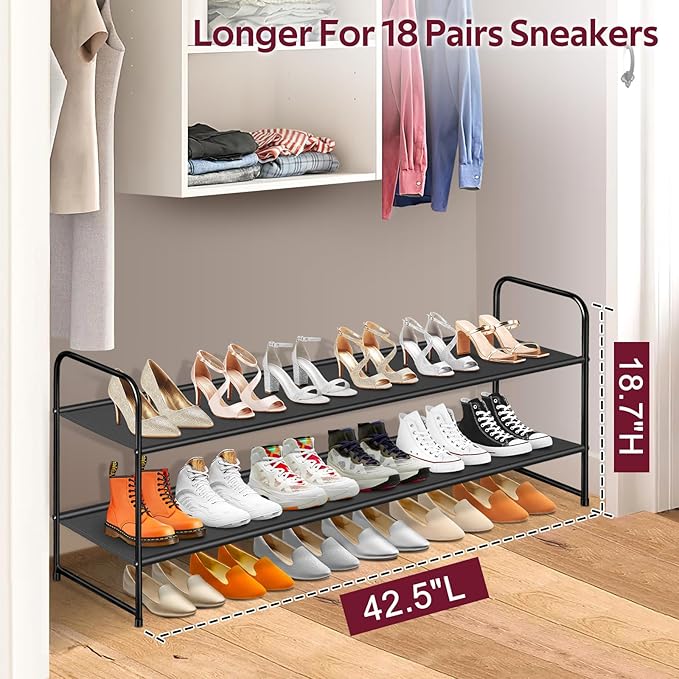 Long 2-Tier Shoe Organizer for Closet, Stackable Wide Shoe Rack Holds 18-Pairs Low Shoe Shelf Storage for Bedroom, Floor, Entryway(Black)